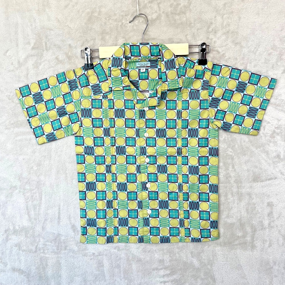 Posh‎ Baby Boys Shirt 6T Green Blue Retro Print Geometric Button Front